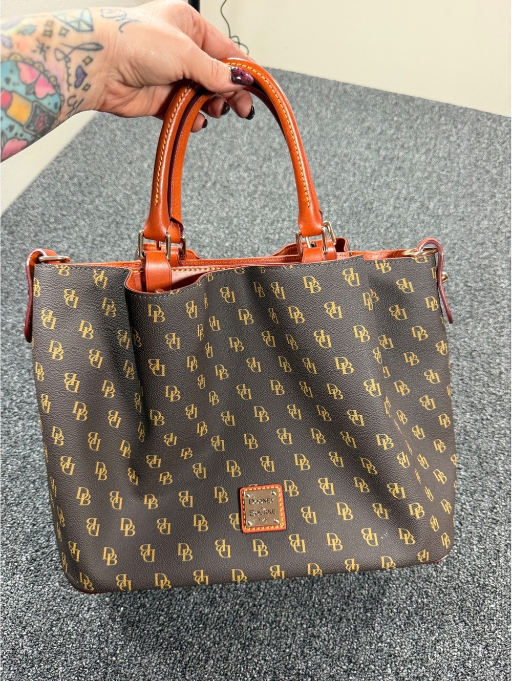 Dooney & Bourke Gretta Brenna Logo Brown and Tan Leather Satchel Tote Bag